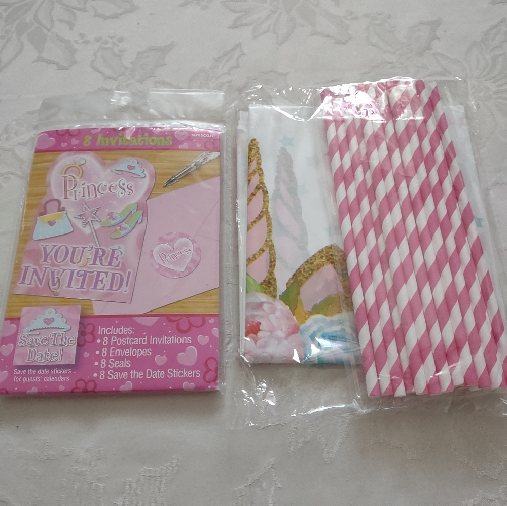 32 Items Princess pink You're Invited cards stickers floral tablecloth straws